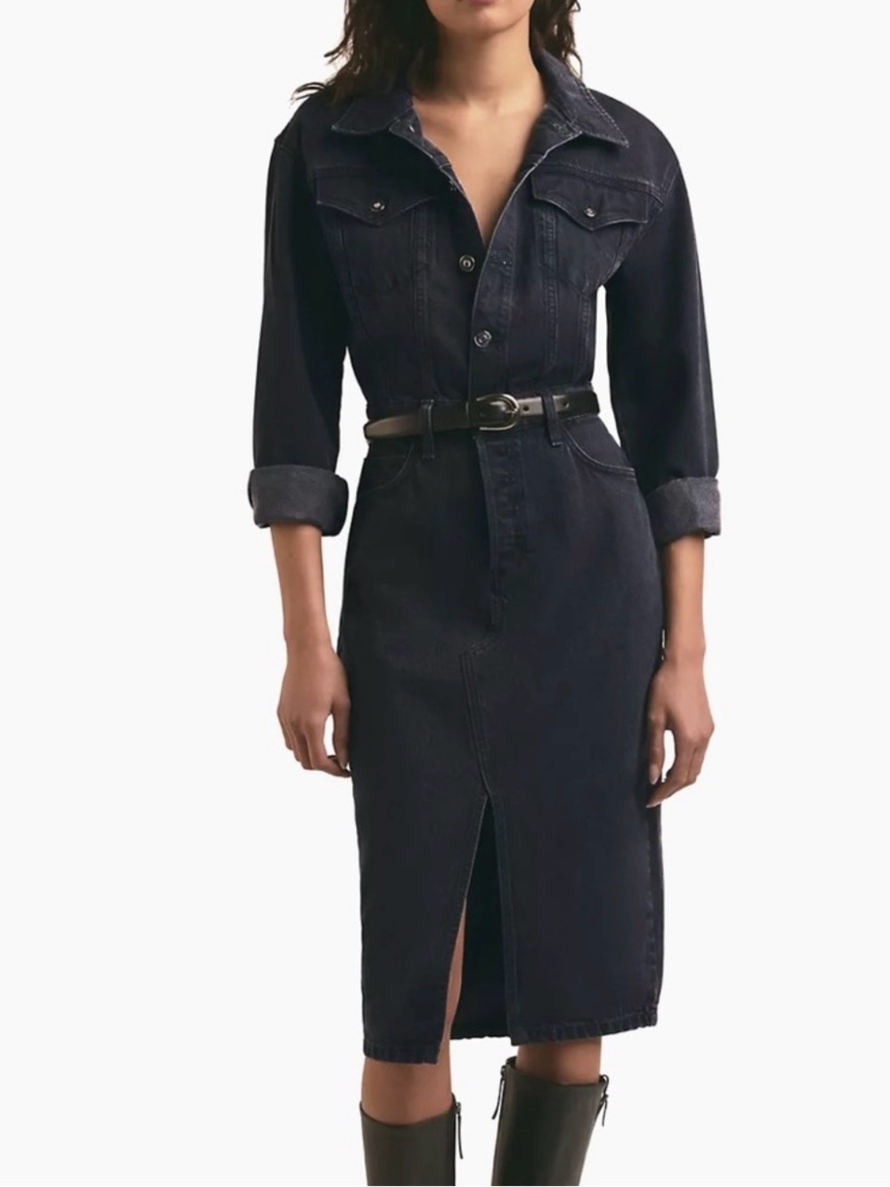 Favorite Daughter "The City Dress" Faded Black Denim Midi Dress Size 26